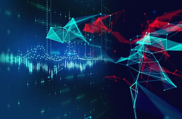 ビッグデータやAIをイメージした、抽象的なネットワークのCG